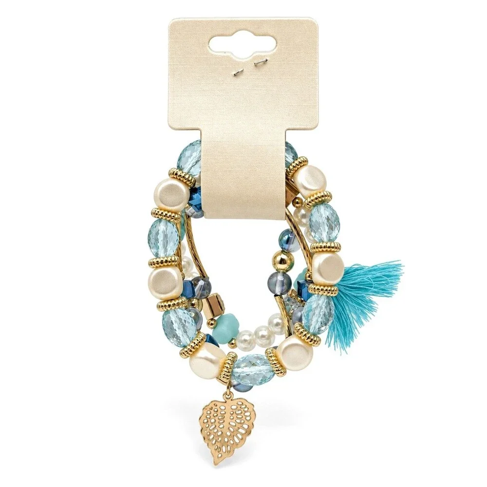 Blue White Gold Boho Layered Bracelet Set Faux Pearl Rose Tassel Crystal NEW